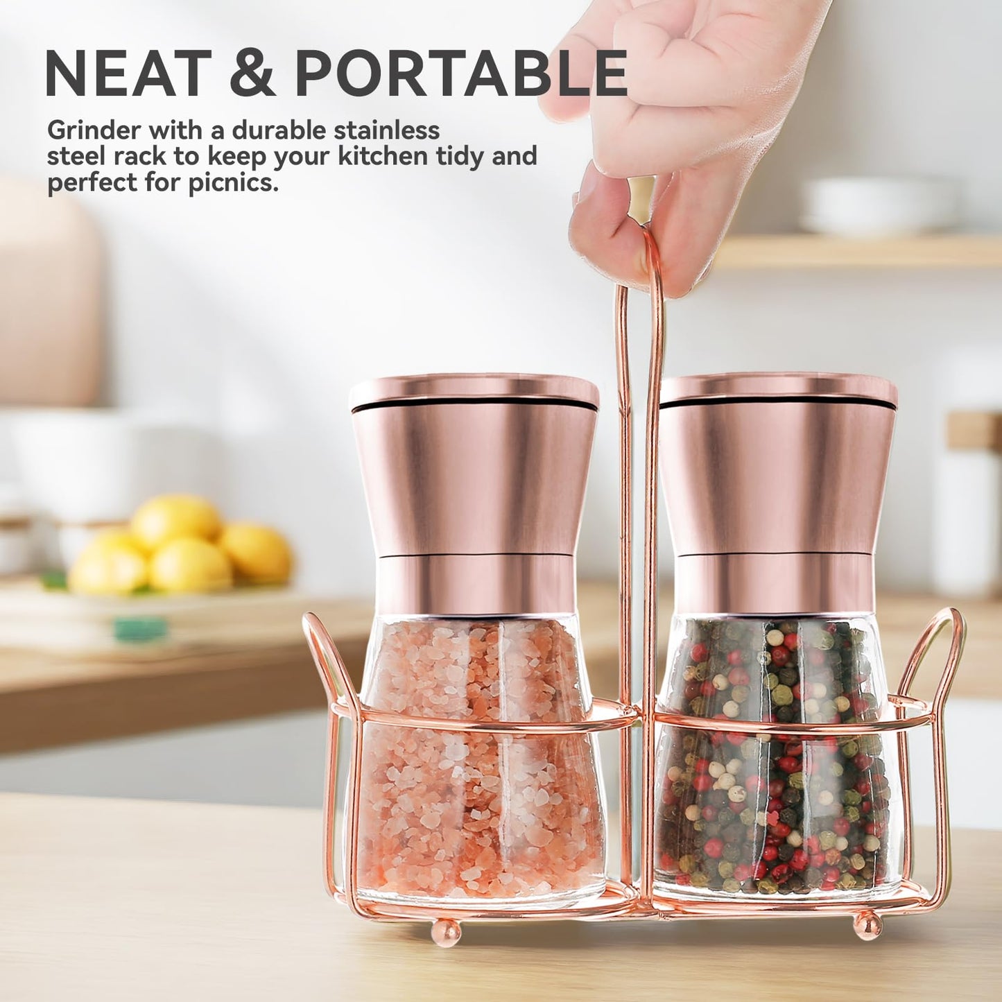 bonris Copper Stainless Steel Salt and Pepper Grinder Set Manual Himalayan Pink Salt Mill|Salt and Pepper Shakers with Adjustable Coarseness and Clear Glass Body (Pack of 2) (SHORT)