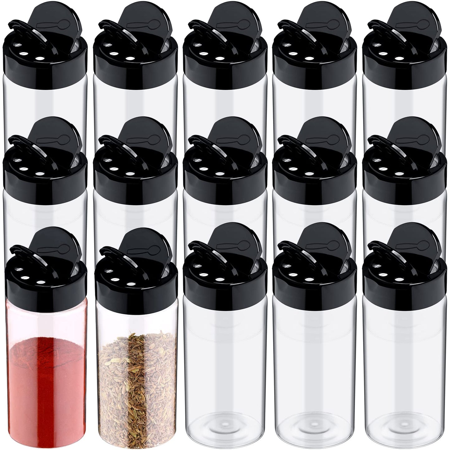 Mimorou 40 Pack Plastic Spice Jar with Shaker Lids Seasoning Containers 3.5 oz Plastic Spice Container with Black Lids Seasoning Jars for Kitchen Storing Powder