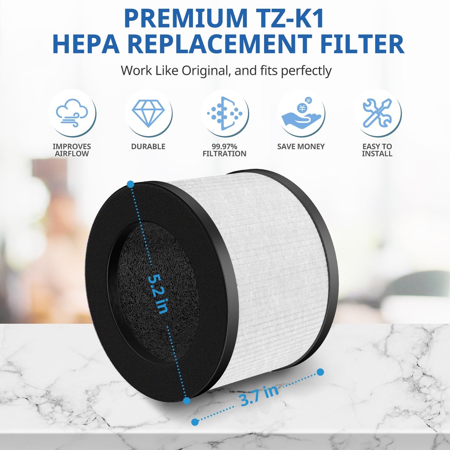 2 Pack TZ-K1 Replacement Filter Compatible with ToLife TZ-K1 Air Puri-fier, MK01 MK06, FreAire KN6391 Air Purifiers and VOOPNU DH-JH12 Air Purifier, 3-in-1 HEPA High-Efficiency Activated Carbon Filter