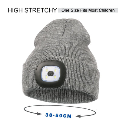 YunTuo Beanie with The Light for Kids, Unisex USB Rechargeable Headlamp Hat Winter Knitted Night Lighted Cap Flashlight, Gifts for Kids Boys Girls (Grey)