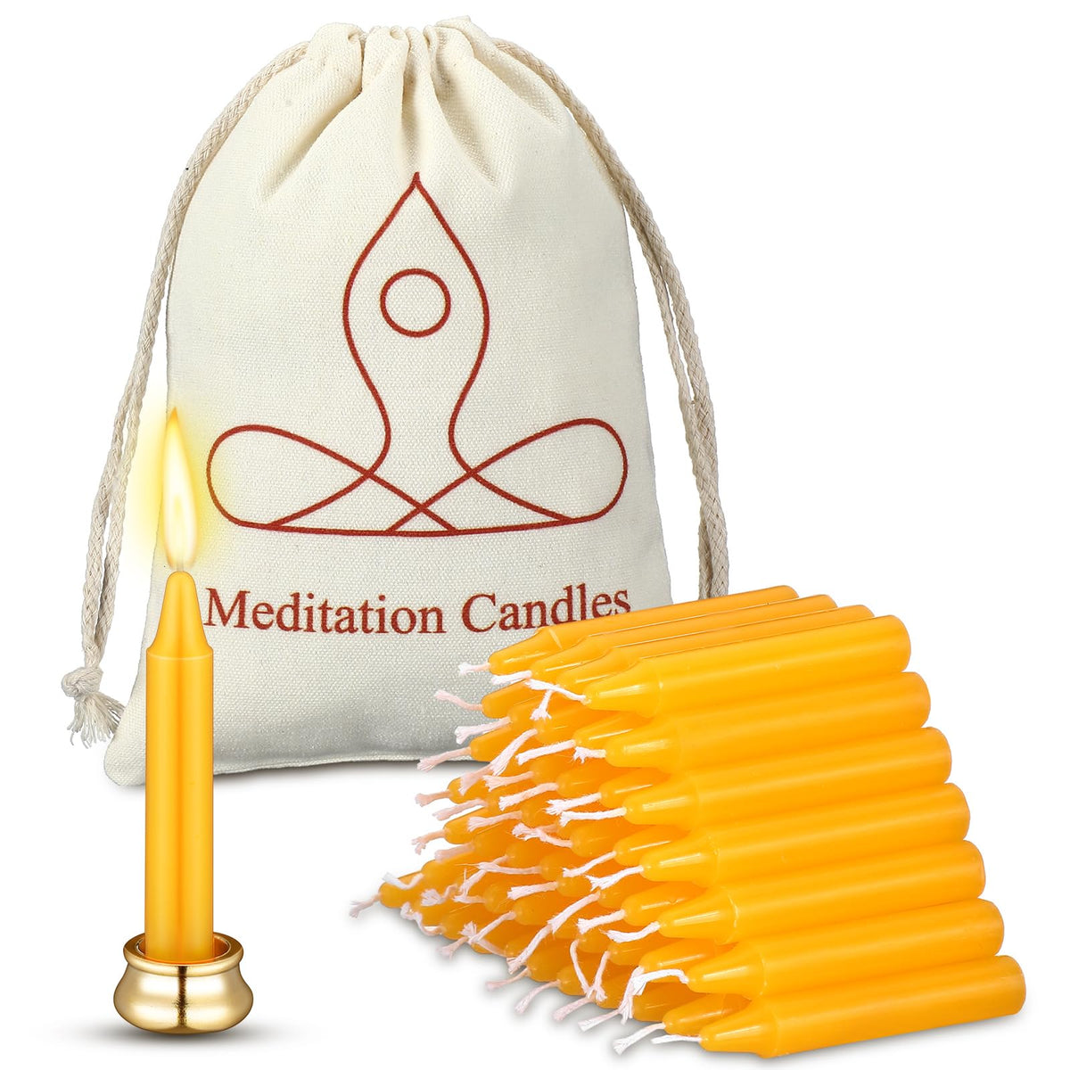 Threlaco 52 Pcs 30 Minute Mindful Meditation Candle Bulk Mini Taper Chime Candles Ritual with Brass Taper Holder Canvas Bag Prayer Gift for Yoga Relaxation Spiritual Reflection (Classic Color)