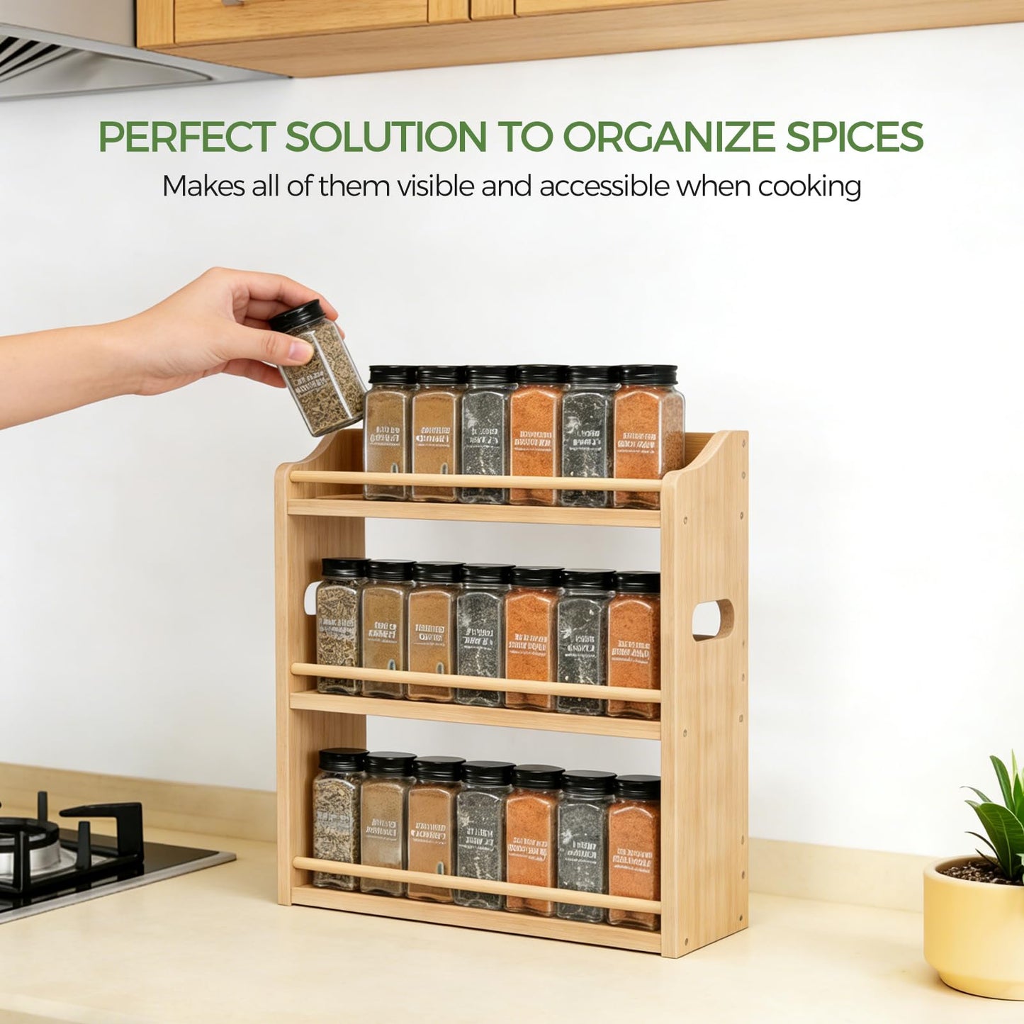 Bambition Bamboo Spice Rack Organizer, 3 Tier Spice Storage Rack with Handles, Wood Seasoning Jars Shelf for Kitchen Counter, Pantry or Wall Mounting