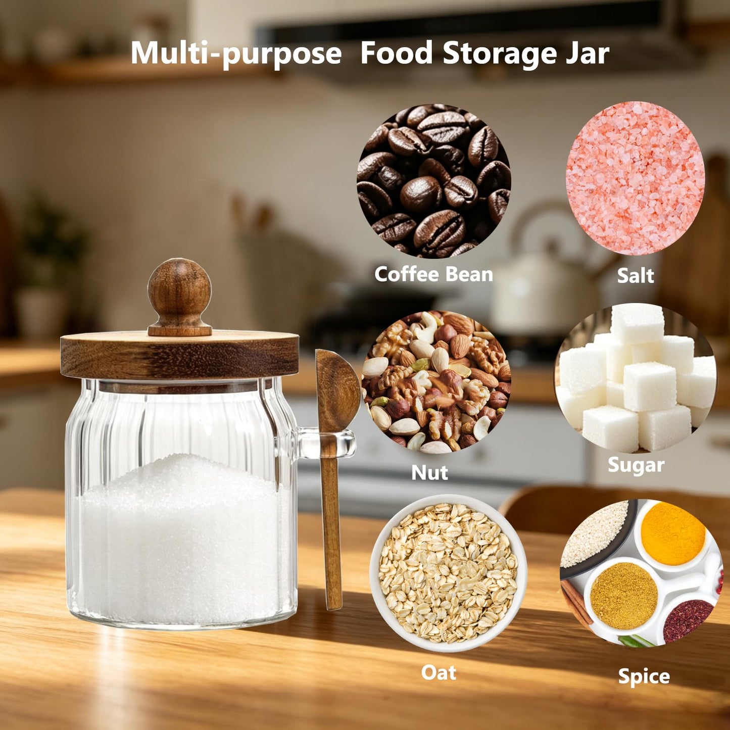 Steviieden Vintage Glass Jar Sugar Container with Wooden Spoon Lid, 14 FL OZ Airtight Glass Jar for Coffee Cereal Candy Nuts Salts Coffee Tea Spice