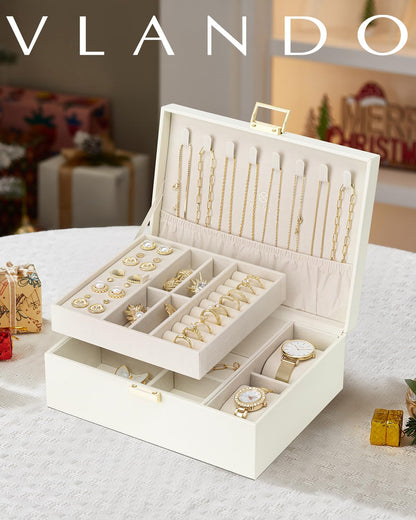 Vlando Jewellery Box, 2 Layer Jewellery Organiser with Watch Pillow, Jewellery Storage Case for Necklace,Bracelets, Earring Storage Organiser, Gift for Women,White