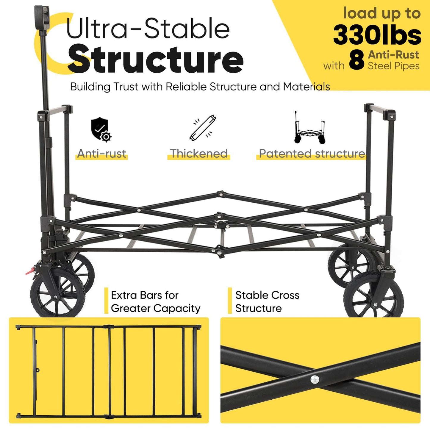Sekey Folding Festival Trolley with 330LBS Large Capacity, Heavy Duty Camping Beach Wagon, Removable All-terrain Wheels, Collapsible Cart with Adjustable Handle & Drink Holders, Black&Grey