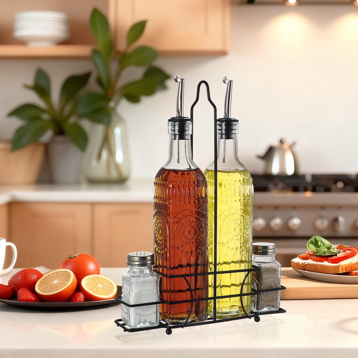 MDLUU Glass Oil and Vinegar Cruet Set, Salt & Pepper Shakers with Holder