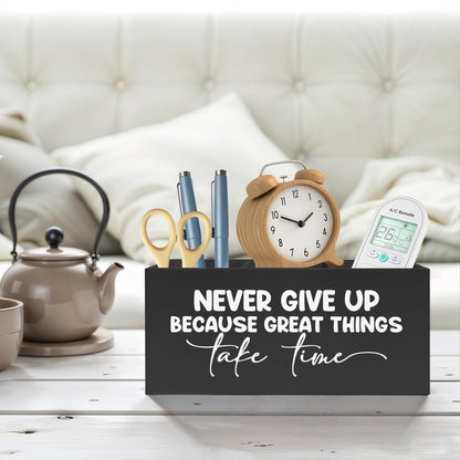 FITIE Inspirational Quotes Pencil Pen Holder for Desk, Never Give Up Because Great Things Take Time Wooden Pencil Holder Organizer for Home Office Desk Accessories, Gifts for Coworker