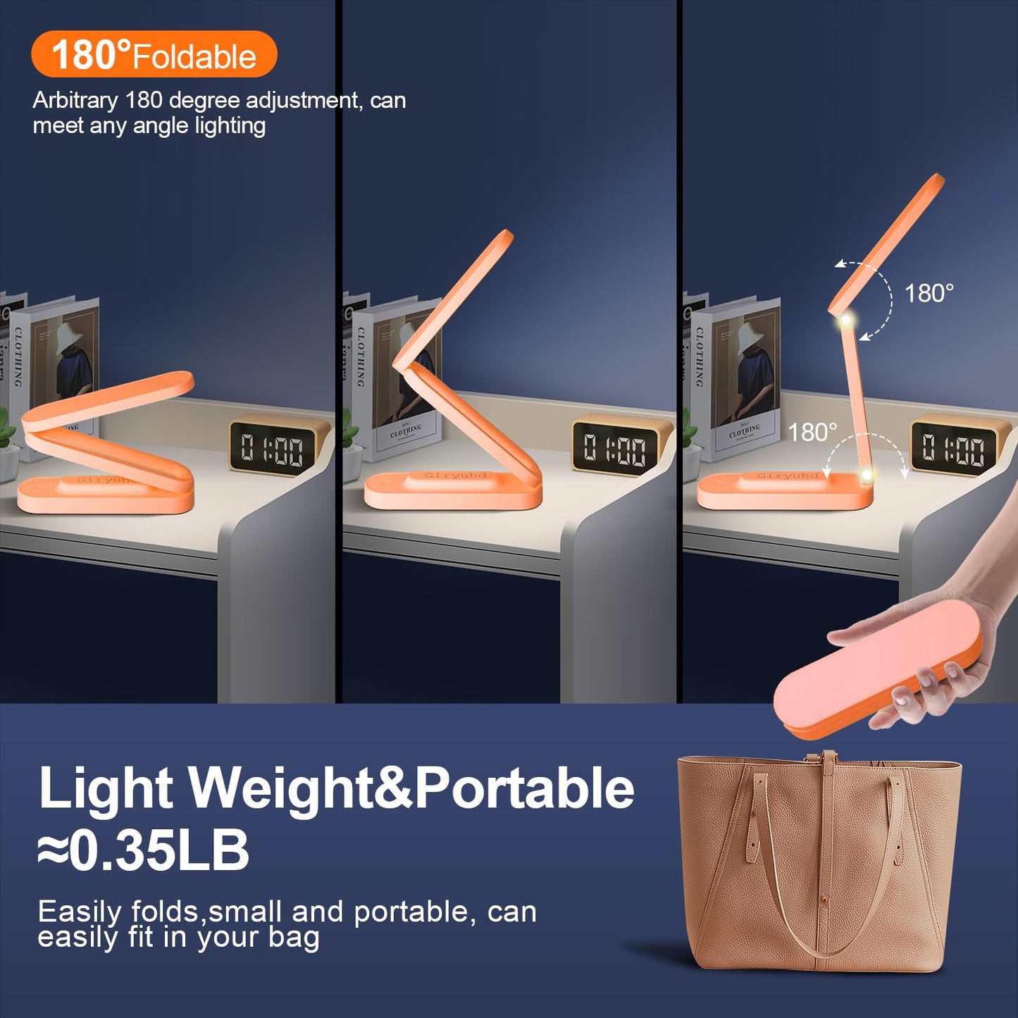 Giryuhd LED Desk Lamp for Office Home & Battery Operated Lamp Rechargeable Lamp Foldable & Portable Light, LED Desk Light Strip, 3 Brightness Dimmable Small Desk Lamp Reading Lamp (Orange)