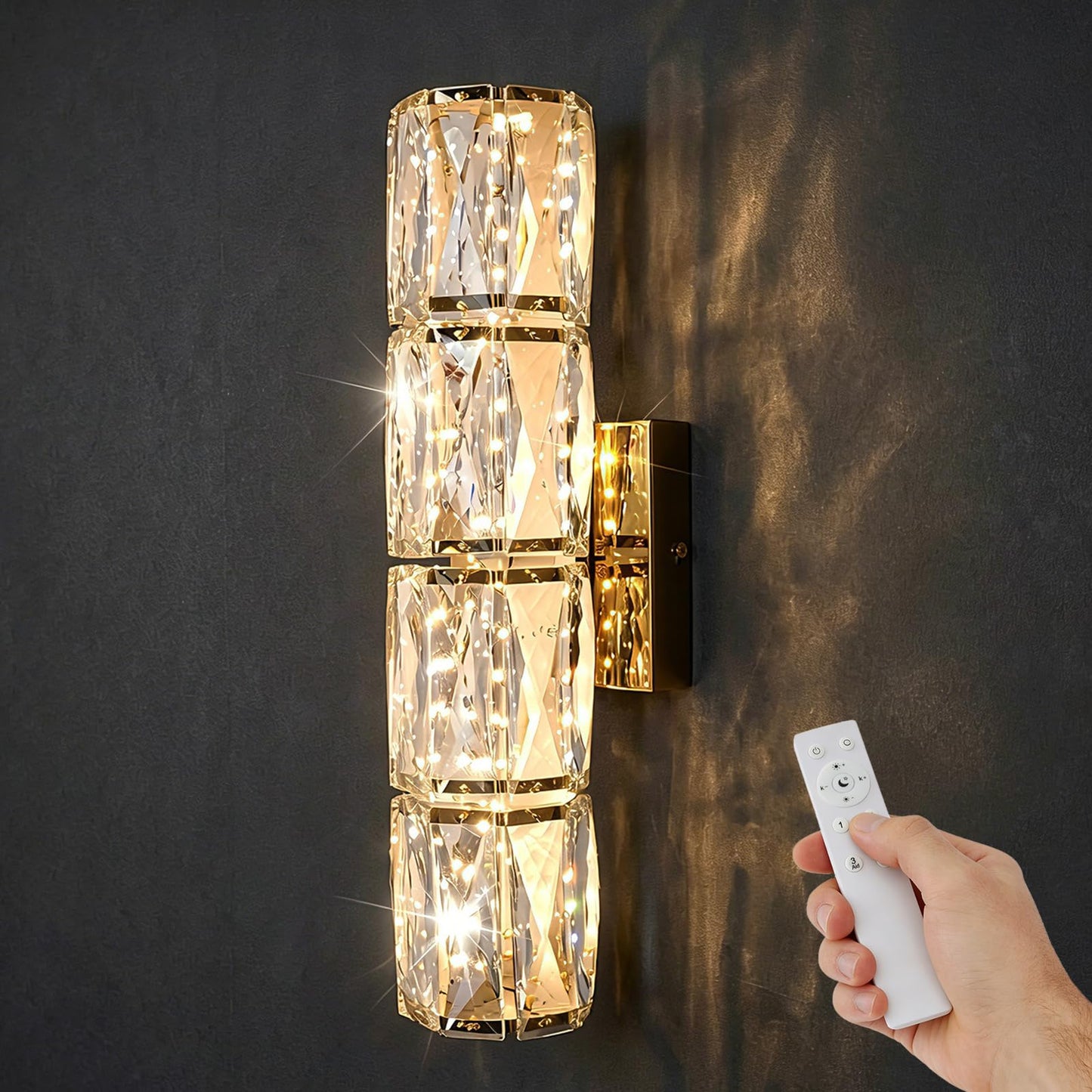 passong Gold Crystal Wall Sconces, Dimmable LED Wall Light Fixtures with Remote, Modern Luxury K9 Crystal Vanity Lighting for Bedroom Bathroom Living Room Hallway Stairway, Hardwired 3000K-6000K