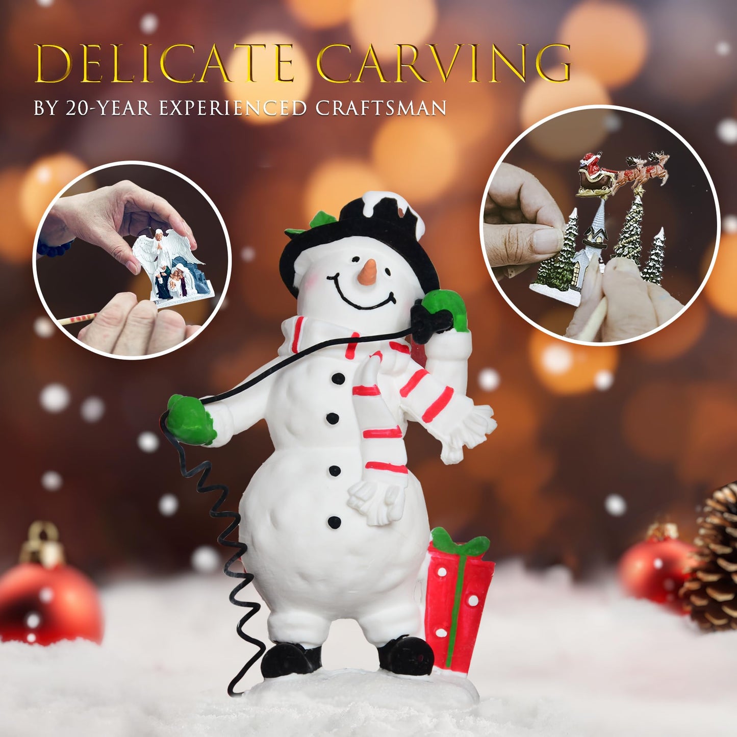 Christmas Snow Globes, 10" Snowman Christmas Glitter Lantern with 8 Songs, 6H Timer Battery & USB Powered Music Box for Christmas Table Decorations