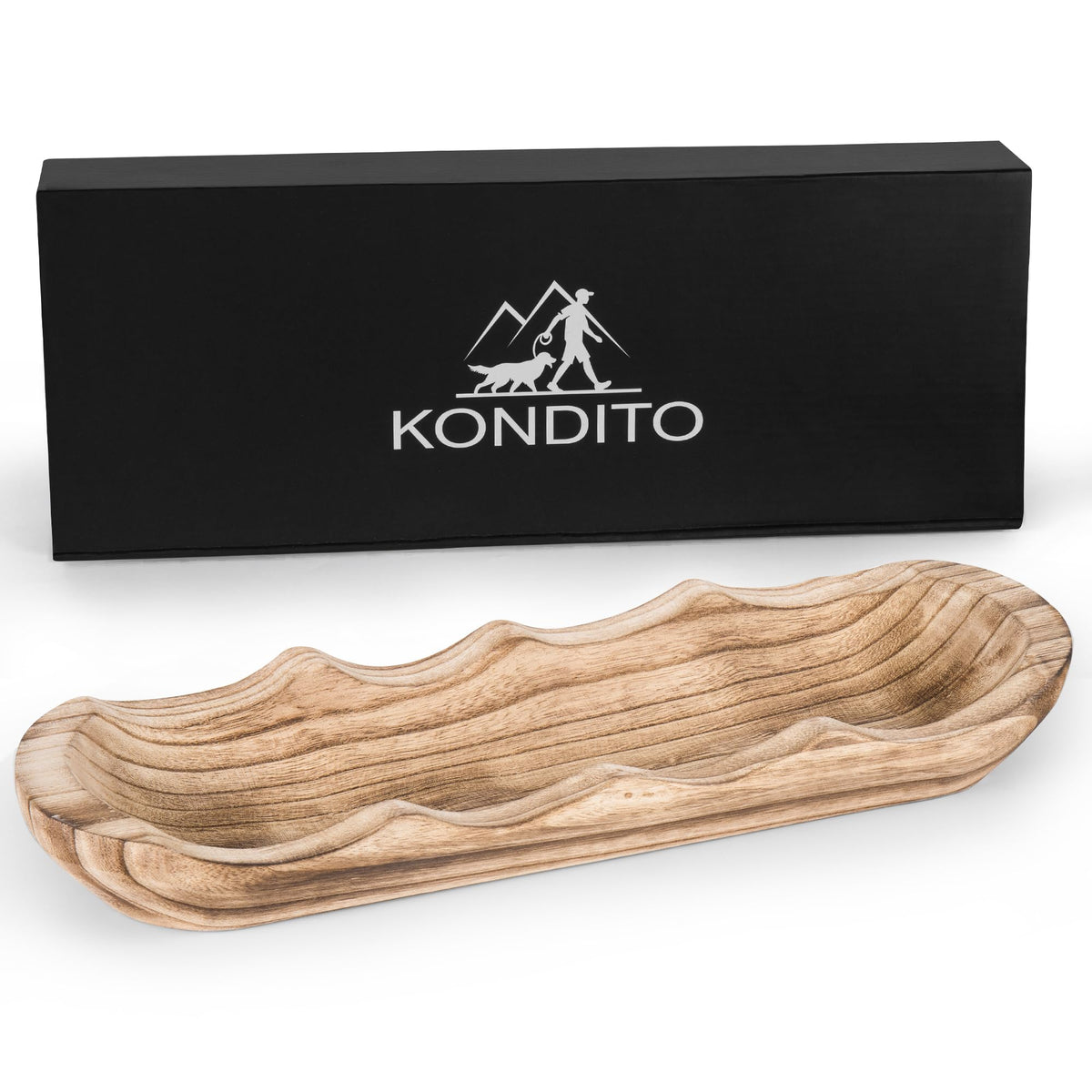 Kondito Wavy Edge Wooden Dough Bowl for Decor 16" L Lightweight Paulownia Wood Hand Carved Decorative Wooden Farmhouse Fruit Bowl Handmade, Home Decoration Centerpiece, Table Display Bowl