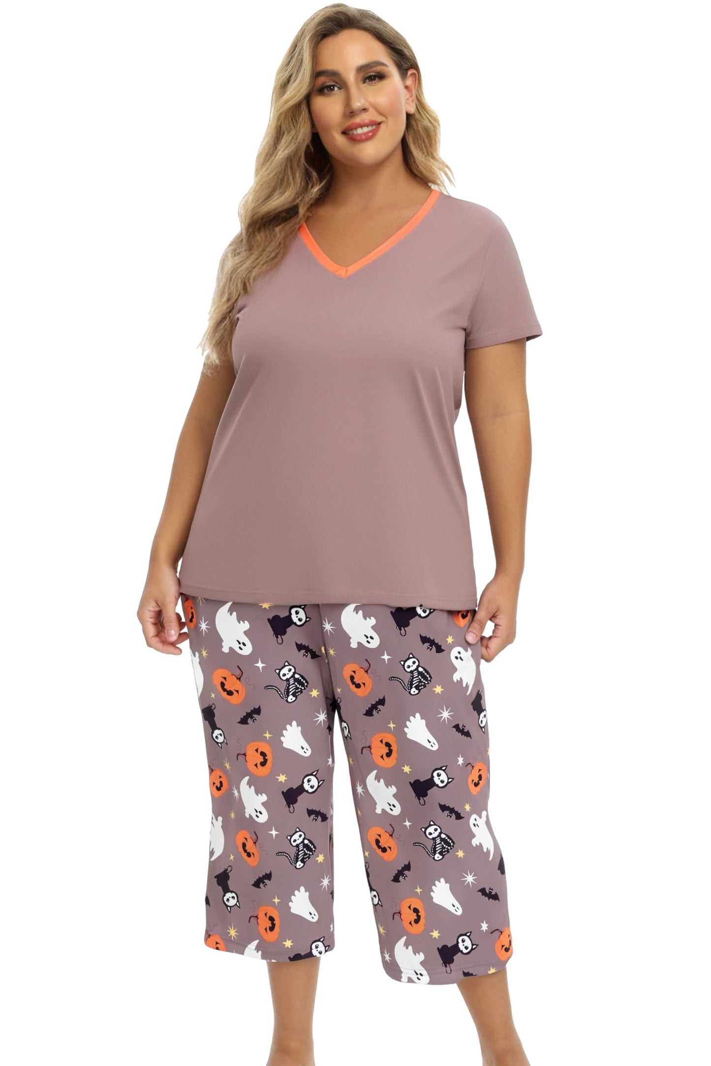 Vozanet Women's Pajamas Set Soft V Neck Sleepwear Top and Capri Pj Lounge Sets Plus Size Novel Floral Design Elegant Loungewear Capri Sets, Ghost Pumpkin, XX-Large