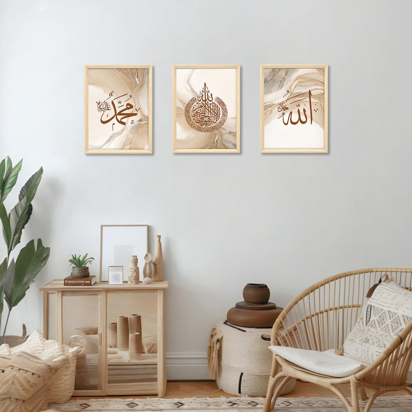 3 Pcs Framed Canvas Wall Art Gray Beige Marble Canvas Prints Muslim Arabic Islamic Calligraphy Ayat Al Kursi Pictures for Living Room Bedroom Hallway Wall Decor 90x40cm(12"x16"x3pcs) (No Plexiglass)
