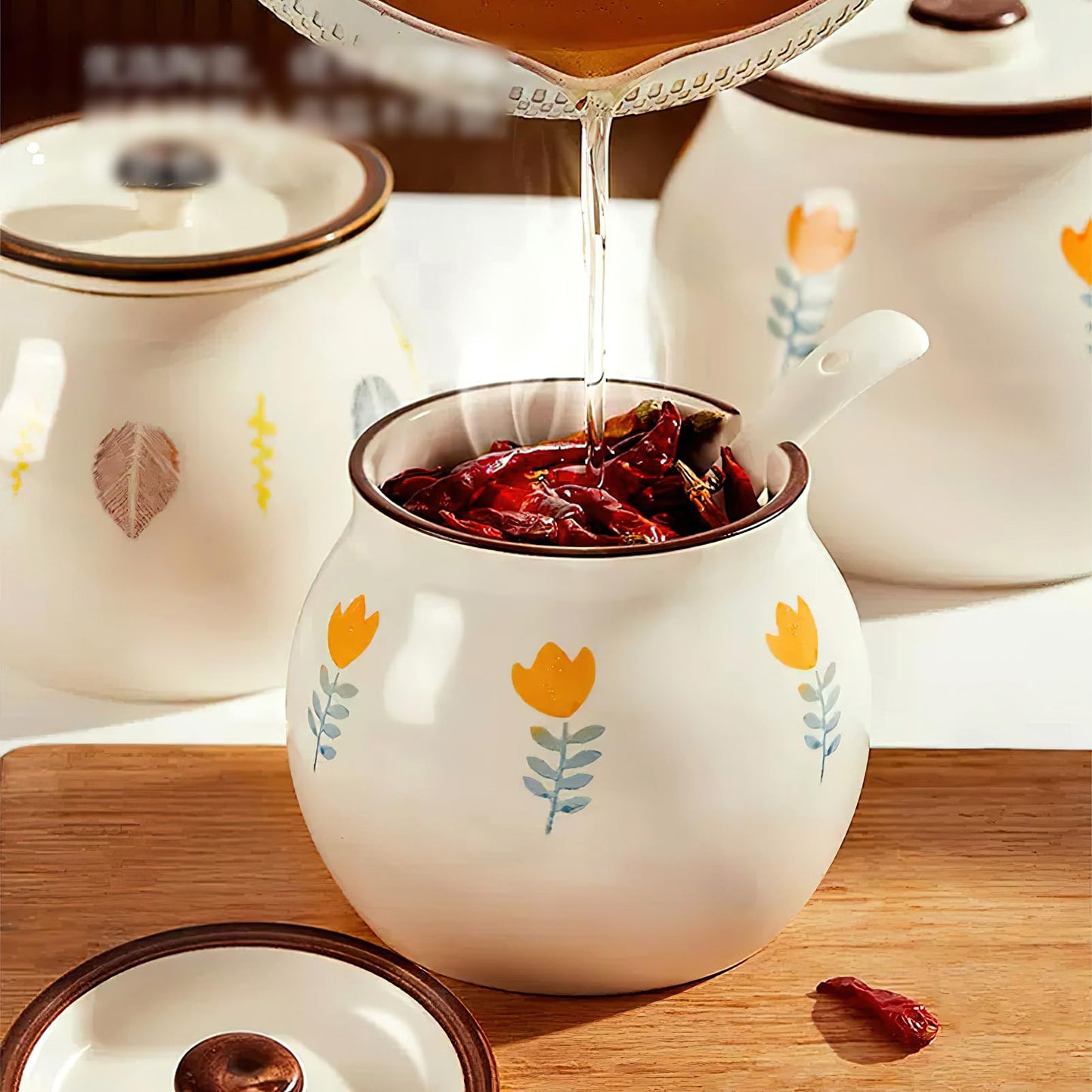 auons Ceramic Salt and Sugar Bowl, Porcelain Condiment Jars with Lid and Spoon, Seasoning Spice Pot Bowl, Salt Sugar Pepper Storage Jar, 600ml, Yellow Flower