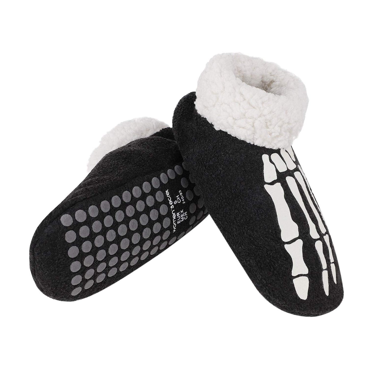 Memory Foam Fleece Indoor Slipper Socks Glow in The Dark Funny Skull Skeleton Halloween Slippers Home Ankle Bootie Socks Winter Warm Fuzzy Plush Non-Slip Bedroom Slippers House Shoes for Women Men