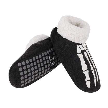 Memory Foam Fleece Indoor Slipper Socks Glow in The Dark Funny Skull Skeleton Halloween Slippers Home Ankle Bootie Socks Winter Warm Fuzzy Plush Non-Slip Bedroom Slippers House Shoes for Women Men