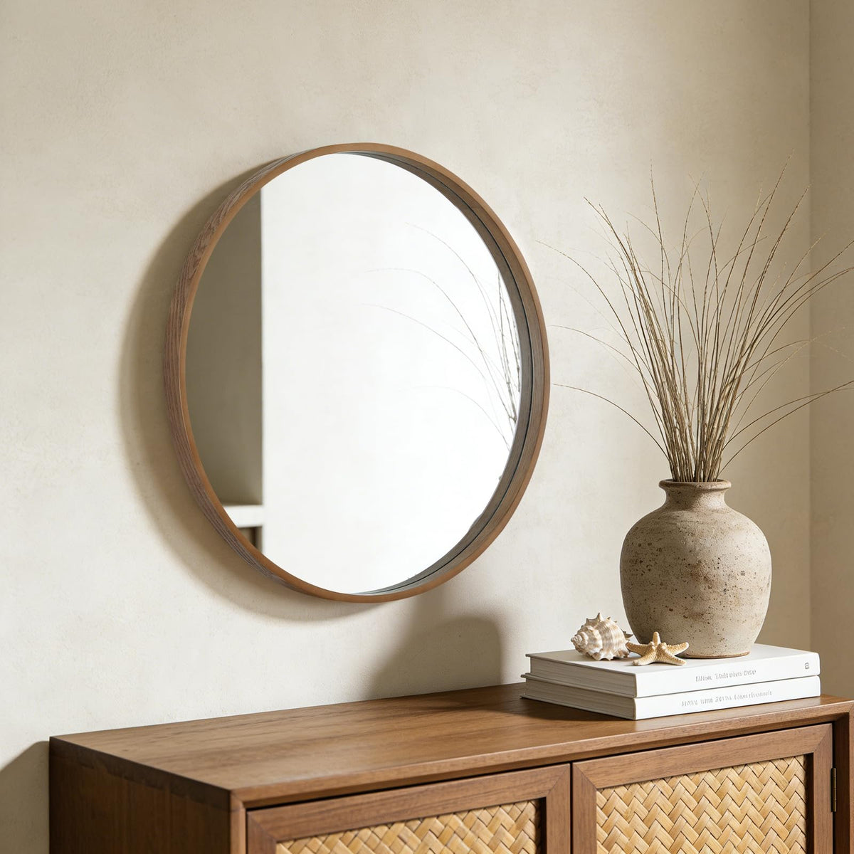 WallBeyond Wood Round Mirror with Wood Frame 24 inch Circle Wall Mirror for Bathroom Round Wall Mirror for Wall Decor, Vanity, Entryway Living Room (Walnut)