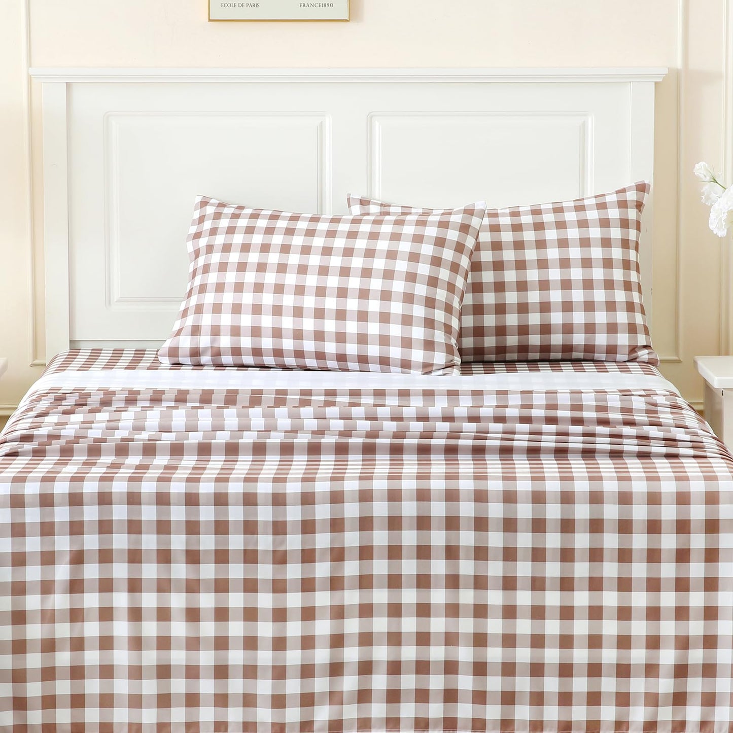 MICORAL Queen Sheet Set Tan Gingham Plaid, 4-Piece Brushed Microfiber Taupe Grid Bed Sheets, 16" Deep Pocket, Ultra Soft & Cooling Sheet, Oeko-TEX Certified, Light Brown