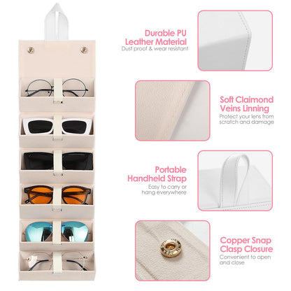 MoKo Sunglasses Organizer with 6 Slots, Foldable Travel Glasses Storage Case Holder Eyewear Display Box, Beige