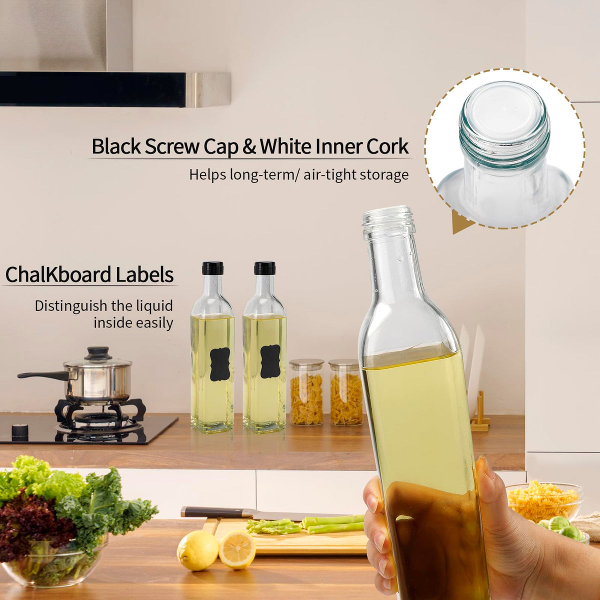 BAKHUK 4 Pack 17oz Olive Oil Dispenser Bottles, 500ml Clear Glass Vinegar Cruet with Pourers and Funnel for Kitchen