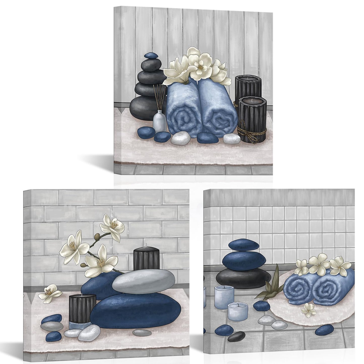 RnnJoile Spa Canvas Wall Art Zen Stone Orchid Picture Painting Navy Blue Still Life Prints for Bathroom Zen Meditation Room Decor Framed 12"x12" for Each