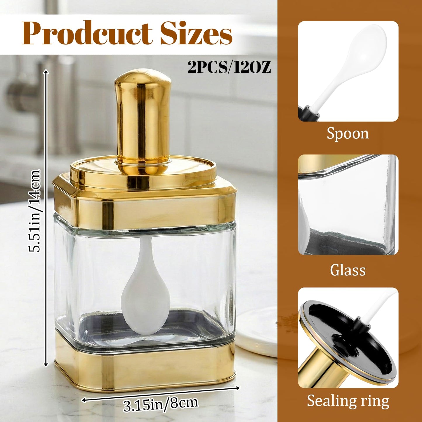 KongTiva 2 Pcs Glass Condiment Pot, Gold Spice Jars with Lids and Spoons Glass Condiment Containers Seasoning Pot Set Salt Box Sugar Dispenser for Kitchen Dining Room Counter Flour Sugar