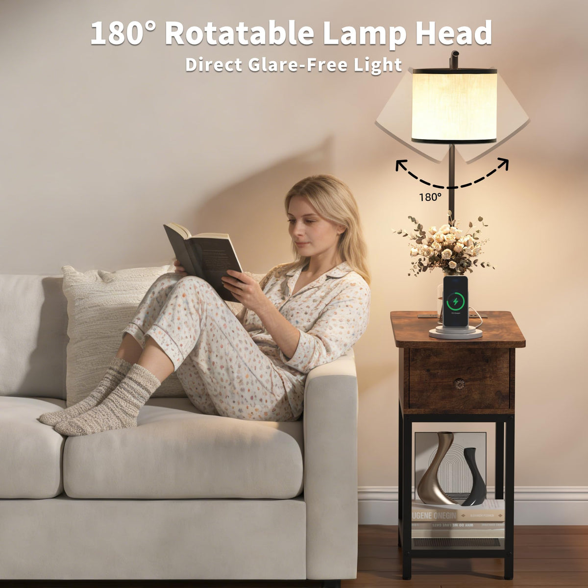 runjuly Floor Lamp with Table, Side Table with Lamp Attached, Narrow End Table with LED Lights and Charging Station, Nightstand with Wood Drawer for Living Room, Bedroom, Rustic Brown