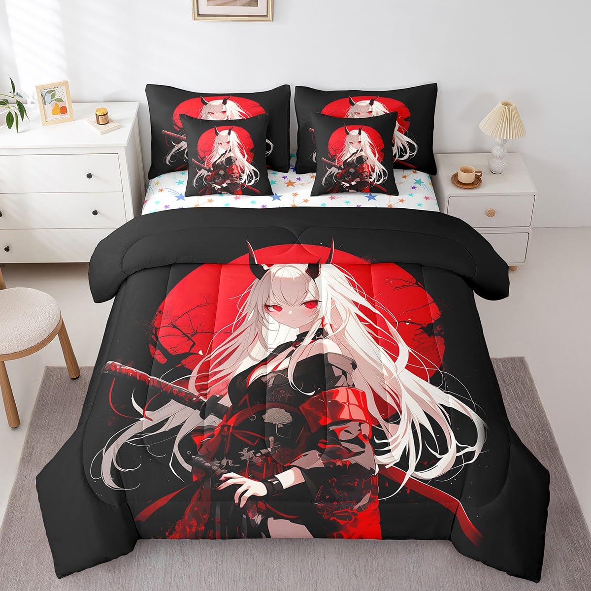 Erosebridal Twin Japanese Anime 7 Piece Comforter Set for Kids, Anime Girl Bed in A Bag Kawaii Japanese Style Bedding Set Cartoon Japan Animation Bed Set for Boys Teen Adult Women Bedroom