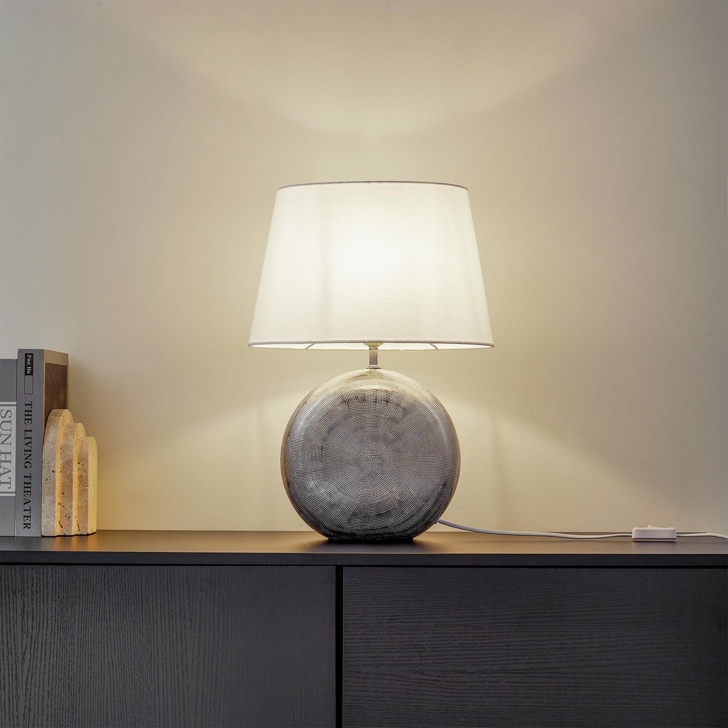Lucande 19" Modern Ceramic Table Lamp, Silver Jar-Style Base with White Fabric Shade, Elegant Bedside Lamp for Nightstand or Living Room, E26 Base Bulb Not Included
