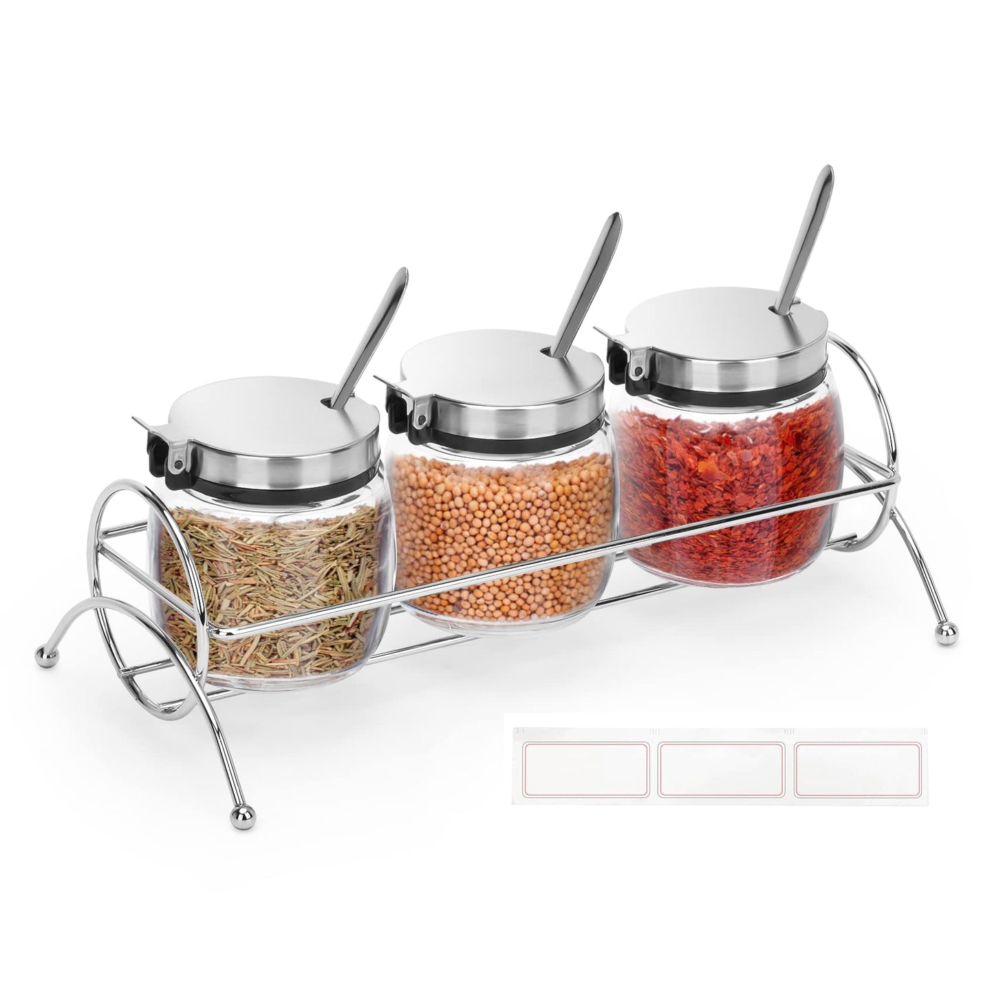 onlyfire Condiment Jar Spice Container with Lids, Stainless Steel Serving Spoons, Base Rack and Labels - Glass Seasoning Bottles Kitchen Accessories | Set of 3