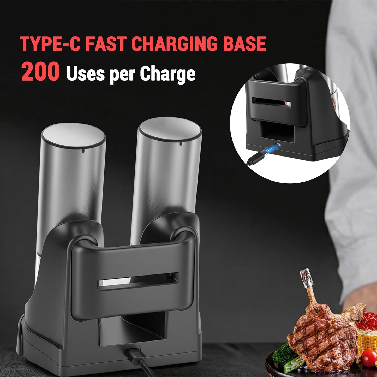 Electric Salt and Pepper Grinder Set, 95ml Large Capacity Automatic Pepper Mill with USB-C Charging Base & LED Light, Adjustable Coarseness Stainless Steel Spice Grinder 2-Piece Set