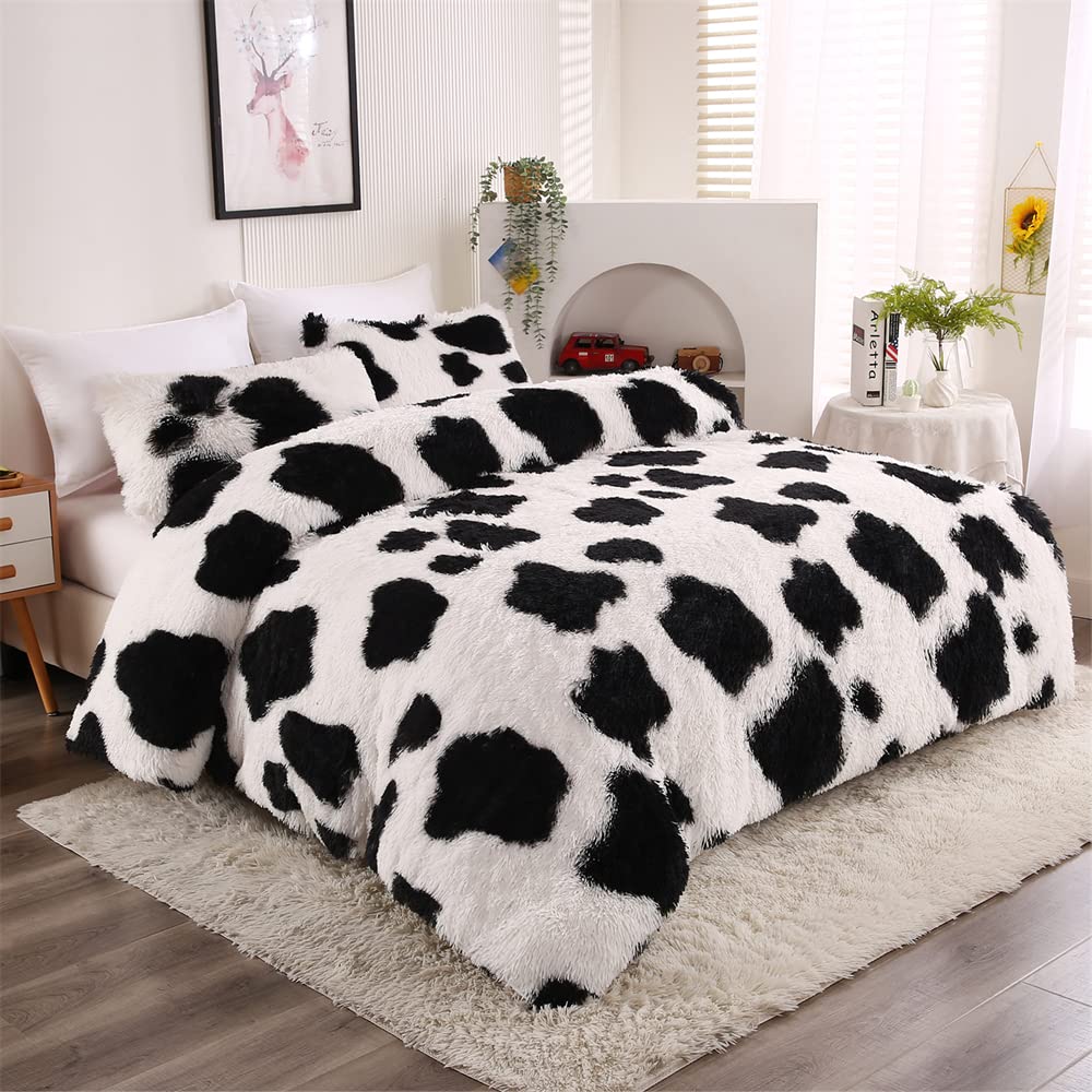 Roscloud Faux Fur Kids Girls Cow Print Comforter Sets Twin/Full - 3PC Bed Set Warm Comfortable Soft Plush Flannel Velvet Fluffy Fuzzy Bedding（Comforter x 1 Pillowcases x 2）