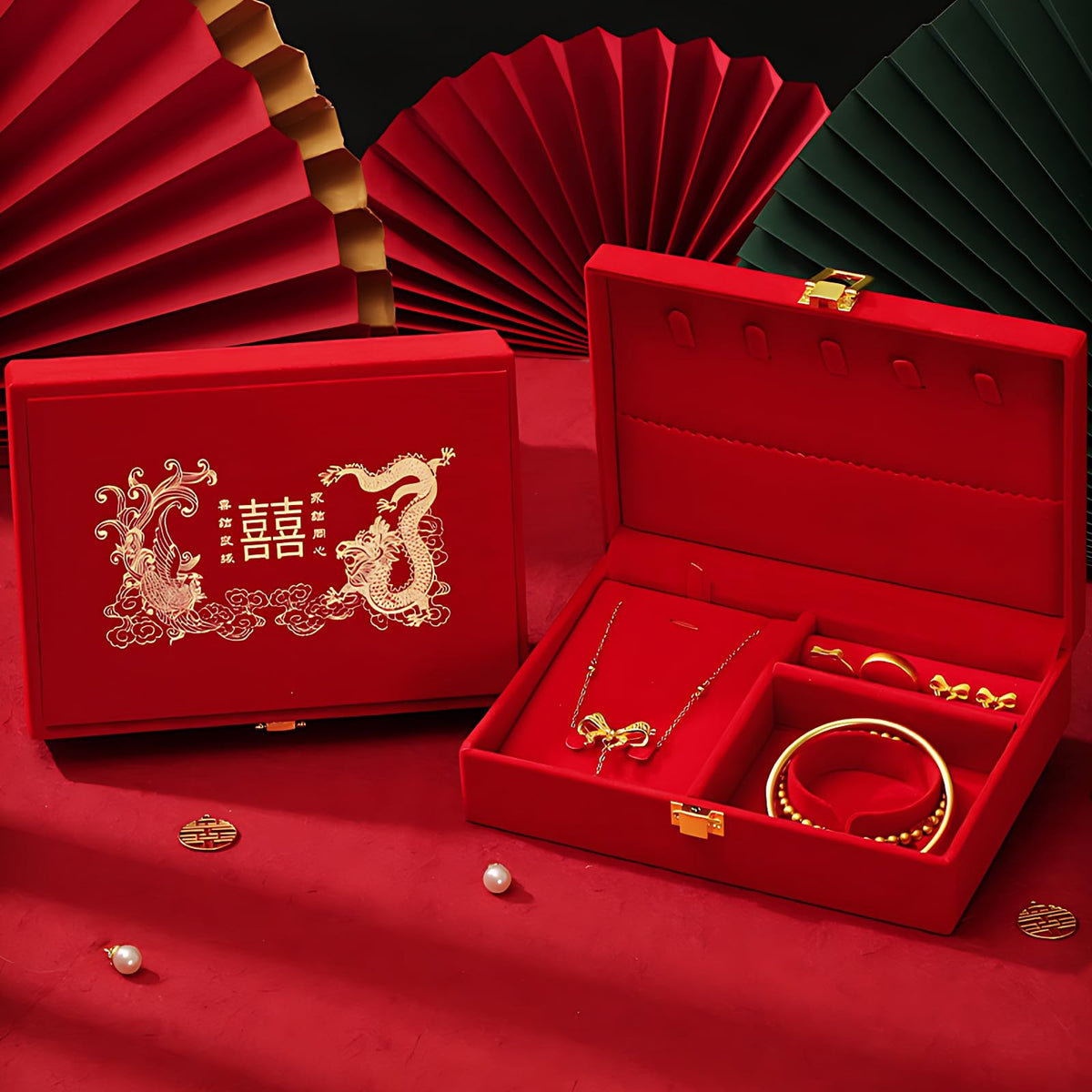 BAIWOVIS Chinese Wedding Jewelry Box for Groom, Double Happiness and Loong Phoenix Design, Chinese Engagement Red Velvet Presentation and Storage Case Gift Box for Gold Jewelry
