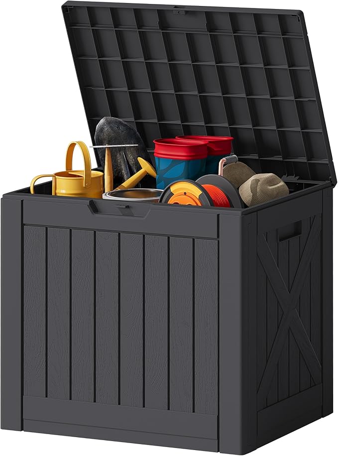 JUMMICO 42 Gallon Deck Box Waterproof, Resin Outdoor Storage Box with Side Handles, Outdoor Storage Benches Lockable for Patio Cushions and Garden Tools (Black)