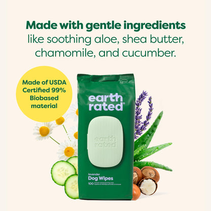Earth Rated Ear Wipes & Grooming Wipes Bundle - Includes 70 Fragrance-Free Pet Ear Wipes and 100 Lavender-Scented Grooming Wipes.