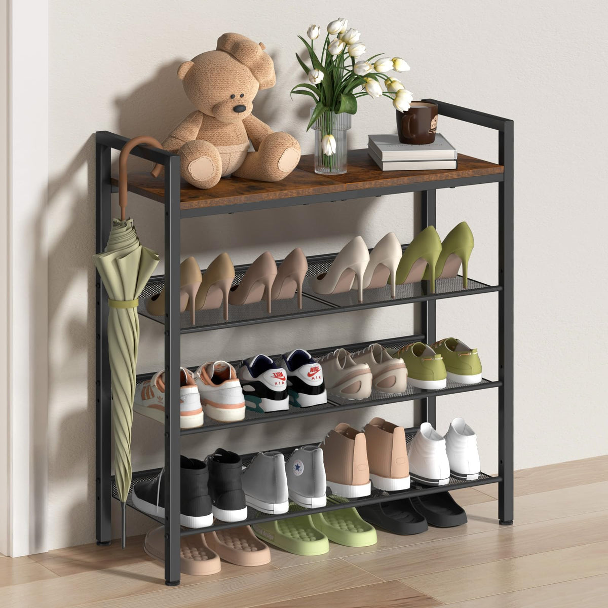 BASICS4ALL 4 Tier Shoe Rack for Entryway, Metal Shoe Rack Heavy Duty with Wooden Top & Adjustable Mesh Shelves, Shoe Storage Organizer for Front Door Entrance/Closet/Bedroom/Dorm/Garage