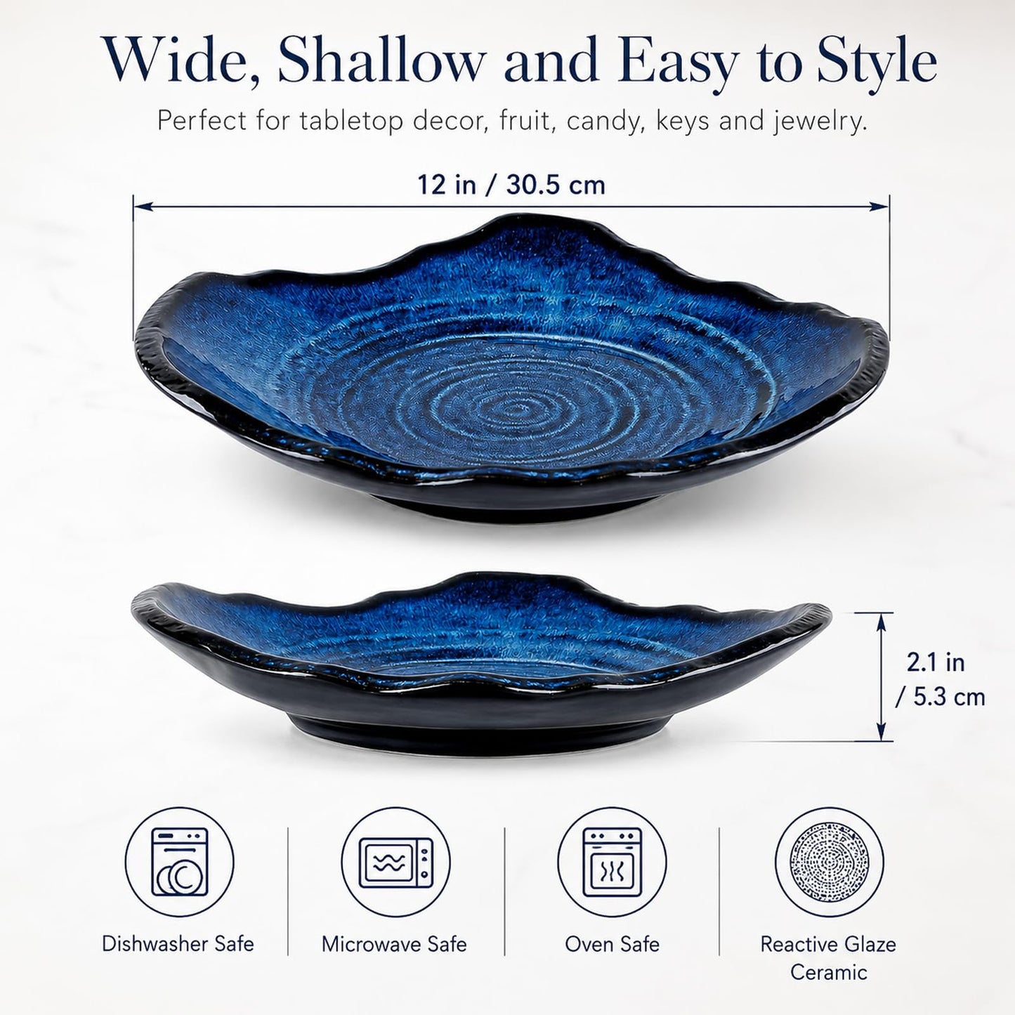 XIYOUQI Ceramic Decorative Bowl - 12" Large Blue Pottery, Blue Decorative Bowl, Porcelain Centerpiece Tray, Key Bowl for Entryway Table, Living Room, Dining, Trinket Dish, Gift Decor Tray