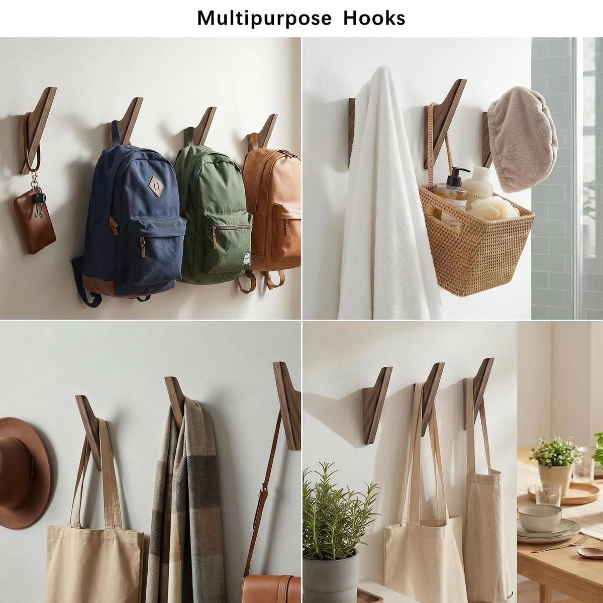FCOWK Walnut Wood Wall Hooks - 4 Pack, Heavy Duty Coat Hooks Wall Mount for Entryway, Bathroom & Bedroom. Minimalist Wooden Wall Hooks for Hanging Coat, Hat, Bag, Towel, Backpack (Light Walnut)