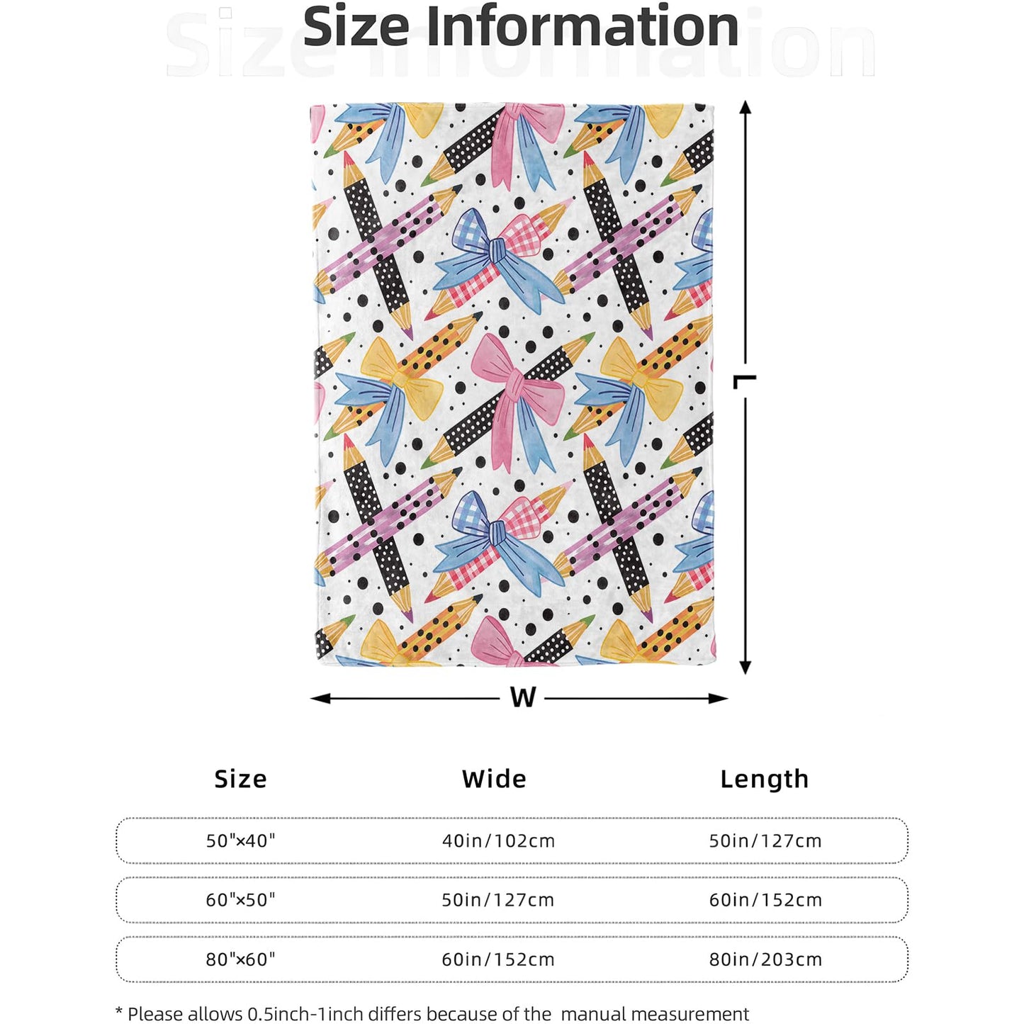 Cute Pencil and Bow Blanket 40x50 in, Flannel Throw Blankets for Travel Camping Sofa Living Room Decor, Lightweight Cozy Soft Fuzzy Gifts for Women Adults Kids