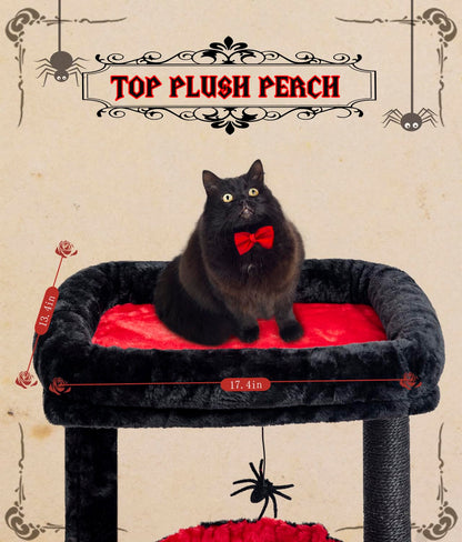 SYANDLVY Gothic Cat Tree with Coffin Bed for Indoor Cats, Activity Cat Tower with Scratching Post for Kittens, Cat Condo Furniture with Basket & Spider Hanging Ball for Play Rest
