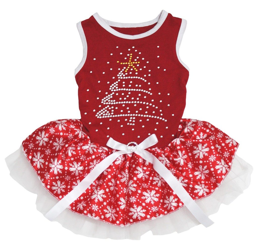 Petitebella Rhinestone Christmas Tree Puppy Dog Dress (Red/Red Snowflakes, Large)
