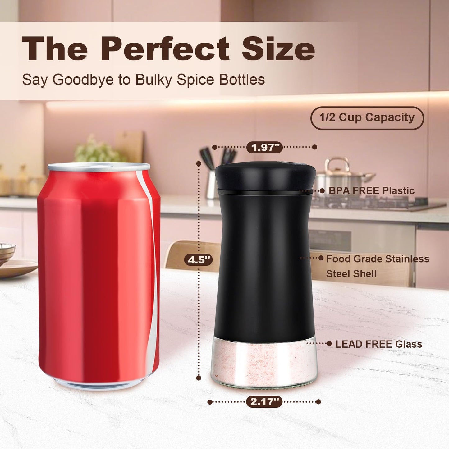 Black Salt and Pepper Shakers with Adjustable Pour Holes, Farmhouse Glass Salt Shaker with Stainless Steel Lids, Refillable Shaker by Aelga, Ideal for Himalayan, Kosher and Black Pepper