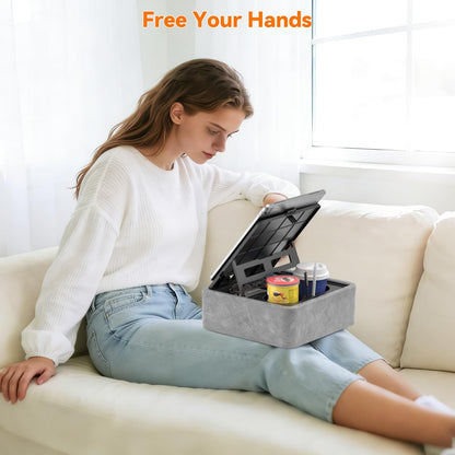 KDD 5 in 1 Tablet Pillow Holder, Foldable Book Stand for Reading with Storage Tray, Pen Slot and 2 Cup Holders, Adjustable iPad Stand for Lap, Bed, Desk and Couch Compatible with Tablet and Book
