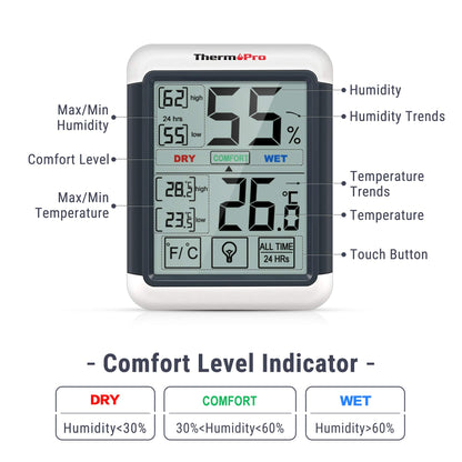ThermoPro TP55 Digital Room Thermometer Temperature and Humidity Monitor with All Time or 24hrs Max and Min Records for Temperature and Humidity Baby Room Thermometer with Large Backlight Touchscreen