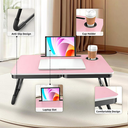 BUYIFY Portable Foldable Laptop Desk for Bed and Couch, Adjustable Lap Desk with Cup Holder and Phone Holder, Ideal for Working, Reading, Writing, and Breakfast (Pink) - SDC1