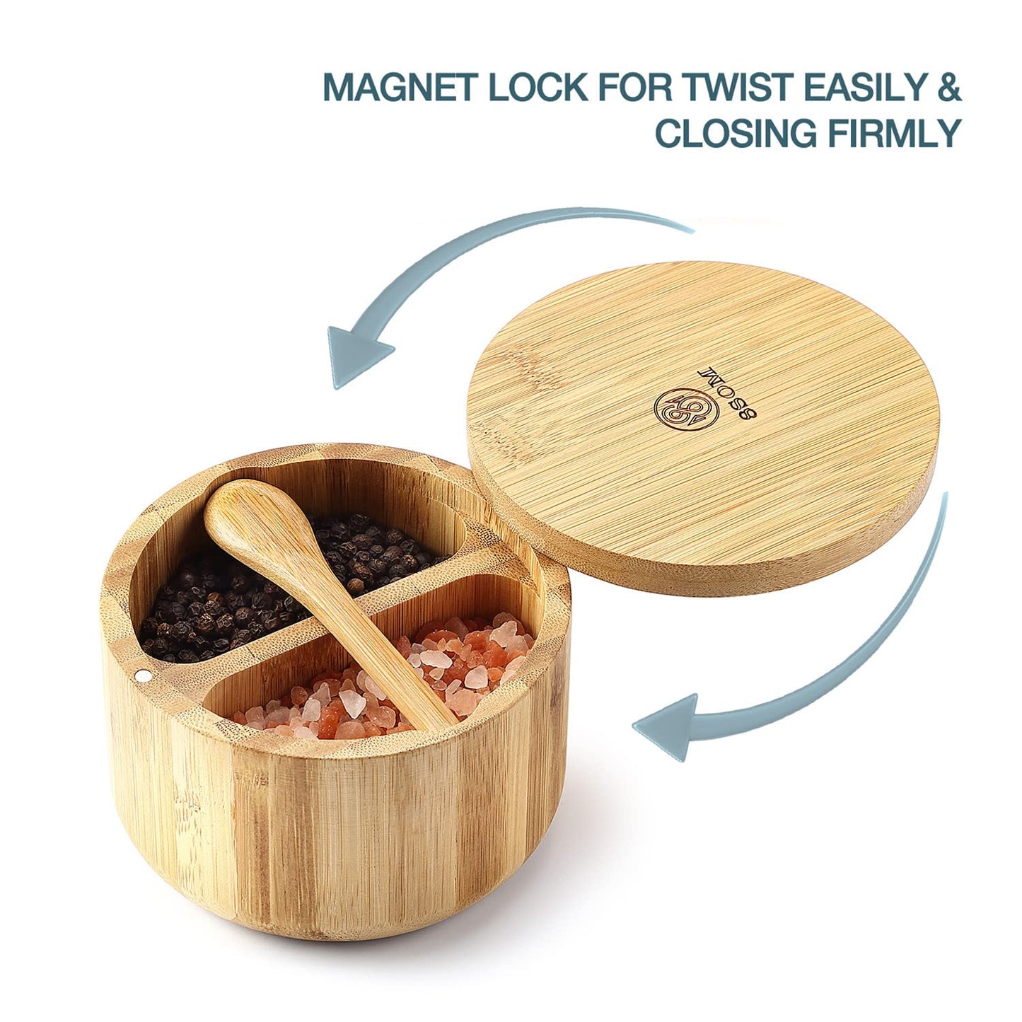 8SOM Bamboo Salt and Pepper Box with Swivel Lid, Embedded Spoon, Magnetic Closure Lid to keep the dust out, Salt Cellar Bowl Container to Storage Pepper Spice Herb Sea Salt, Dual 5 Oz Capacity