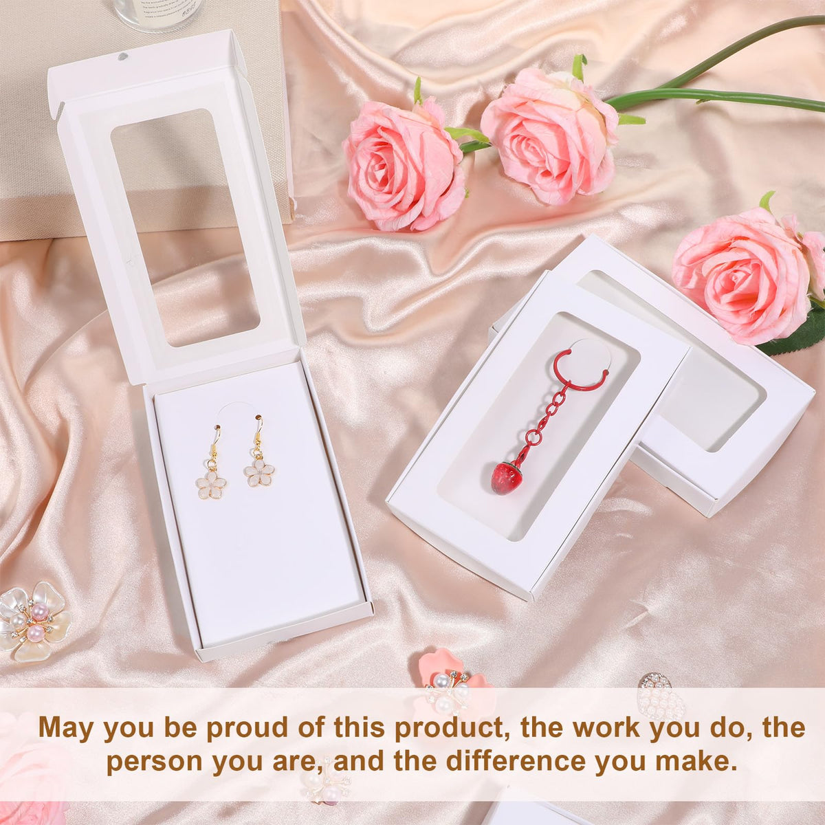 HANLANXUE 100 Pack Mini Jewelry Packaging Boxes with Clear Windows, 5.4"x3.4"x0.7" Paper Necklace Gift Box with Sticker Small Gift Boxes Bulk for Displaying Necklaces Rings Bracelets Earrings (White)