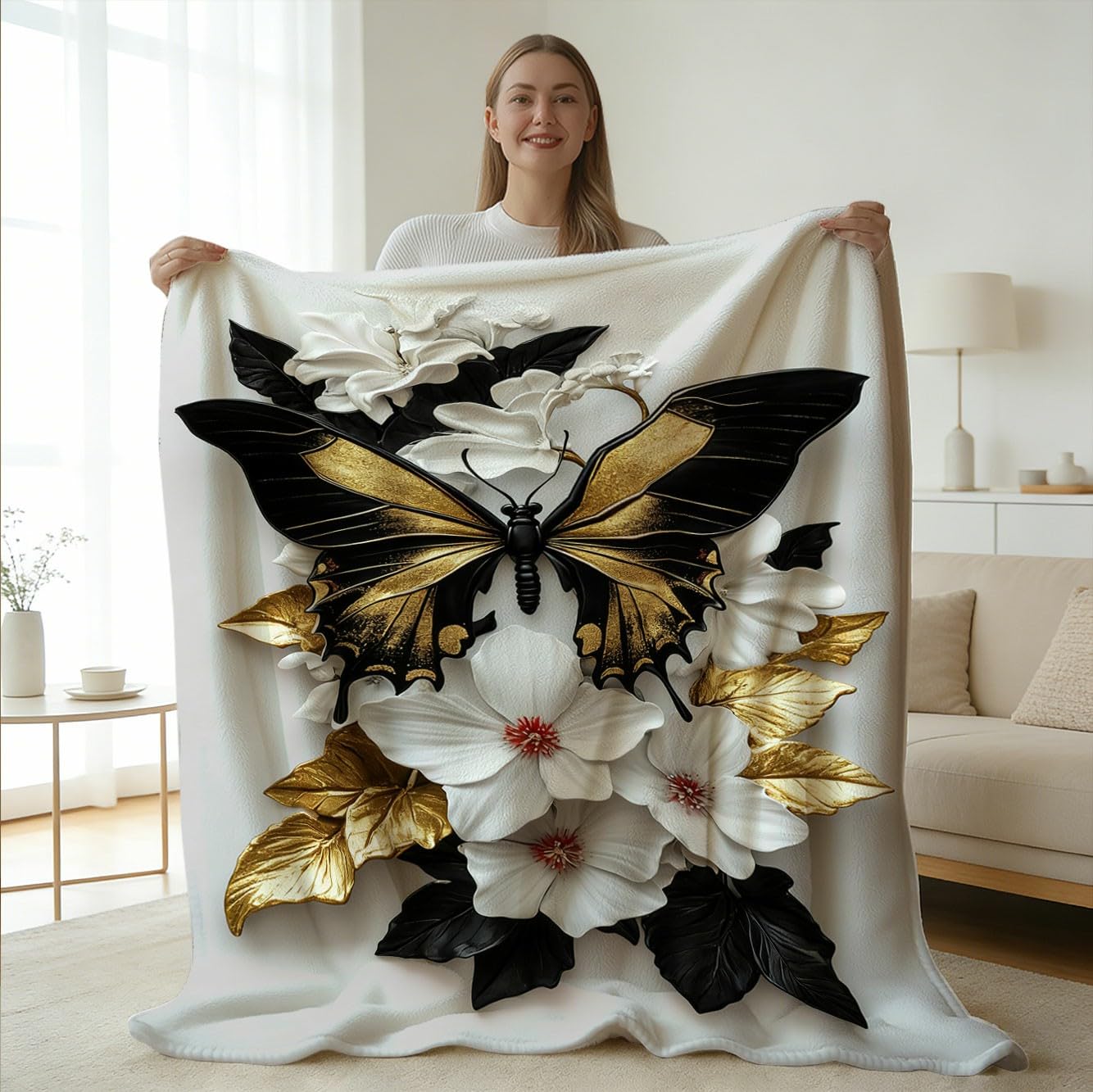 GXYAOYZG Butterfly Throw Blanket Soft Cozy Warm Flannel Throws Black Gold White Floral Decor Lightweight Blankets for Couch Bed Sofa Gifts for Women All Seasons (49" x 59")