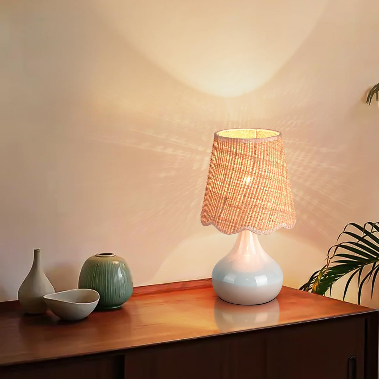 Light Blue Boho Small Table Lamp for Small Spaces, Small Rattan Shade Bedside Lamp for Bedroom, Cute Nightstand Light for Bedside, Kitchen Counter, Bookshelf Lamp, Home Office, Living Room, Dorm