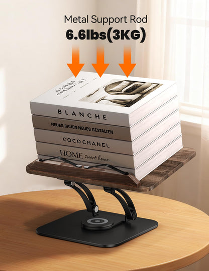 Tounee Book Stand for Reading, Adjustable Book Holder with 360° Swivel Base, Foldable Cookbook Stand Recipe Book Holder with Elastic Page Clips for Music Scores, Recipe, Tablet, Laptop-Black